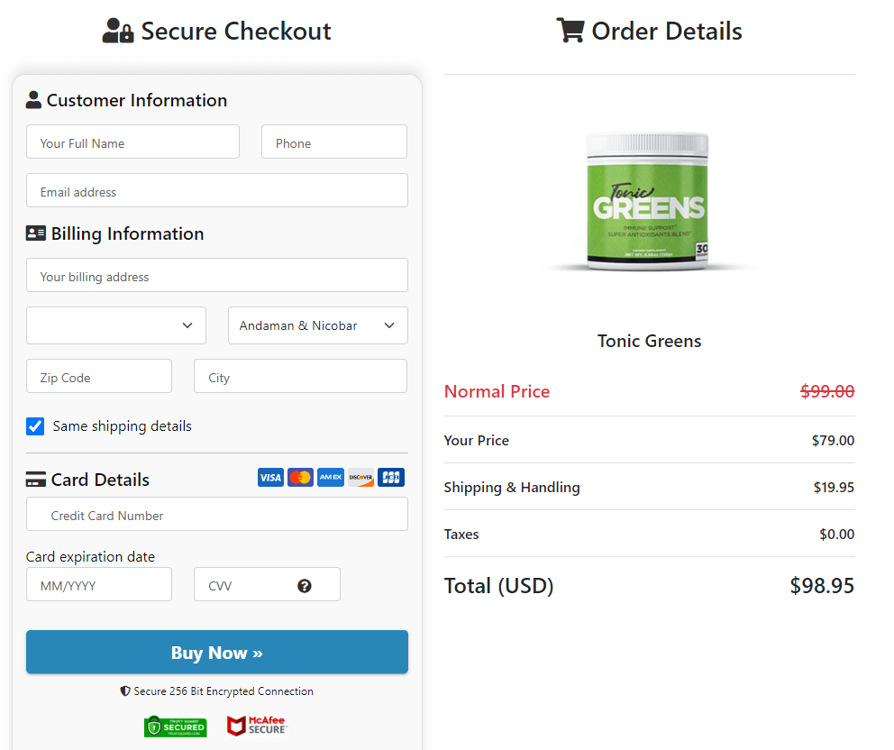 Tonic Greens cart checkout